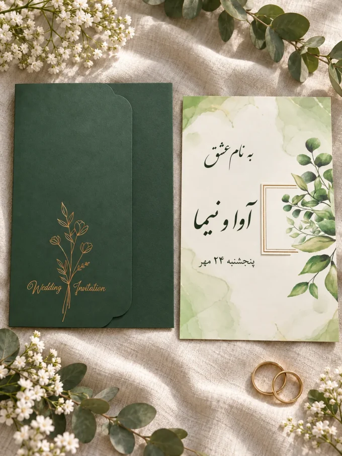 نمای باز کارت، روی پارچه روشن، کنار حلقه‌ها، کنار گل‌ها از کارت عروسی سبز کشویی گل‌طلایی مدل ۱۲۱۷