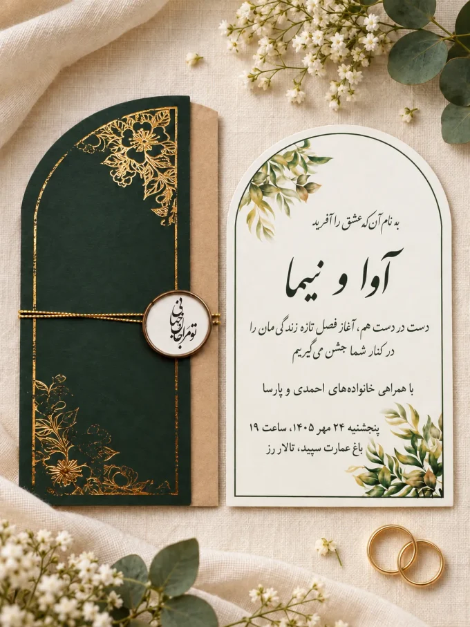 نمای باز کارت، روی پارچه روشن، کنار حلقه‌ها، کنار گل‌ها از کارت عروسی سبز کشویی با بند طلایی مدل ۱۲۲۱
