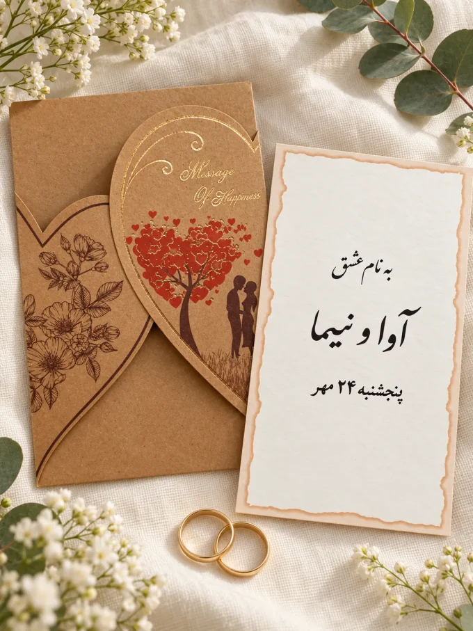 نمای باز کارت، روی پارچه روشن از کارت عروسی عمودی حاشیه‌دار مدل ۱۲۲۹