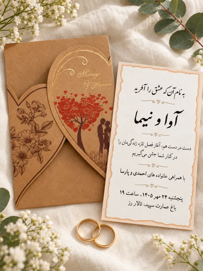 نمای باز کارت، روی پارچه روشن، کنار حلقه‌ها، کنار گل‌ها از کارت عروسی عمودی حاشیه‌دار مدل ۱۲۲۹