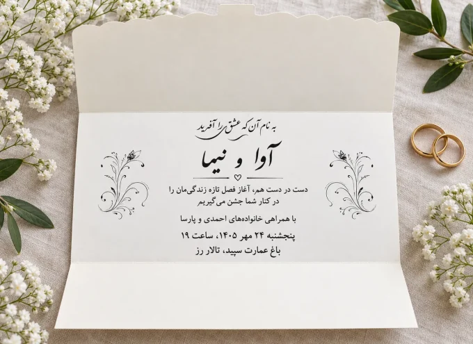 نمای باز کارت، روی پارچه روشن، کنار حلقه‌ها، کنار گل‌ها از کارت عروسی سه‌لا افقی حلقه‌دار مدل ۱۲۳۶