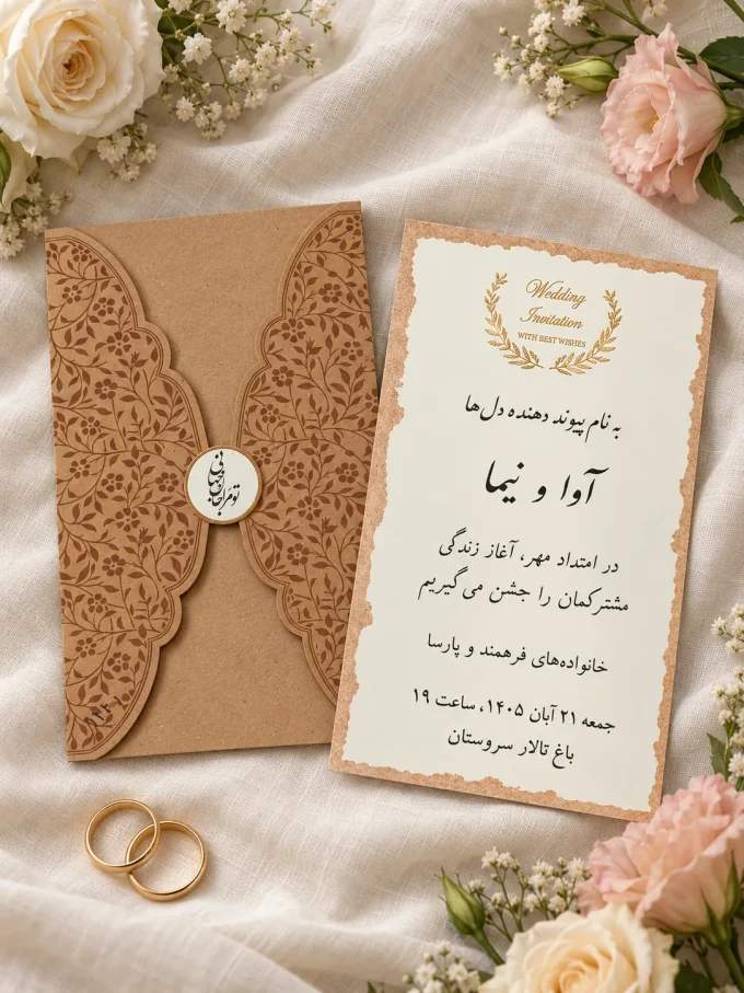 نمای باز کارت، روی پارچه روشن، کنار حلقه‌ها، کنار گل‌ها از کارت عروسی عمودی طلایی و قهوه‌ای مدل ۱۲۴۱