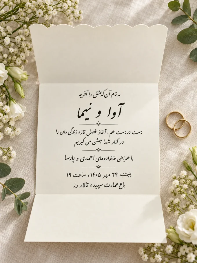 نمای باز کارت، روی پارچه روشن، کنار حلقه‌ها، کنار گل‌ها از کارت عروسی سه‌لا افقی گل‌دار مدل ۱۲۵۰