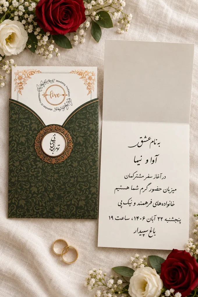 نمای باز کارت از کارت عروسی سبز با کارت دولا مدل ۱۲۵۴