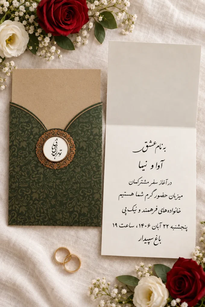 نمای باز کارت، روی پارچه روشن، کنار حلقه‌ها، کنار گل‌ها از کارت عروسی سبز با کارت دولا مدل ۱۲۵۴