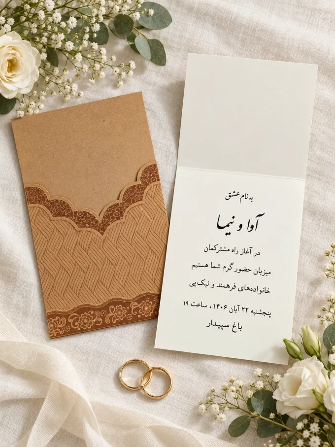 نمای باز کارت، روی پارچه روشن، کنار حلقه‌ها، کنار گل‌ها از کارت عروسی قهوه‌ای نواری با کارت دولا مدل ۱۲۵۵
