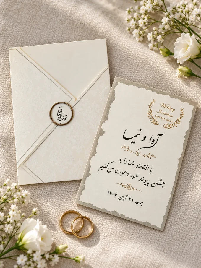 نمای باز کارت، روی پارچه روشن، کنار حلقه‌ها، کنار گل‌ها از کارت عروسی اکریلی براق مدل ۱۲۵۸