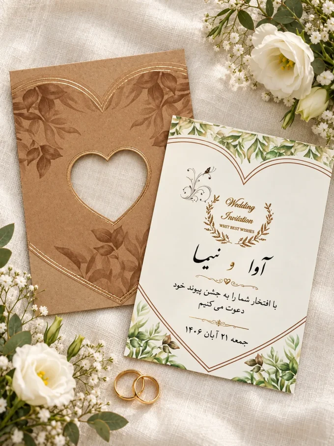 نمای باز کارت، روی پارچه روشن، کنار حلقه‌ها، کنار گل‌ها از کارت عروسی کرافت قلبی کشویی مدل ۱۲۶۵
