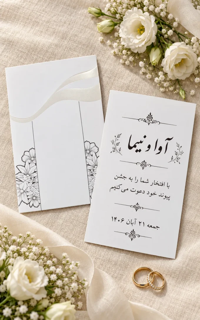 نمای باز کارت، روی پارچه روشن، کنار حلقه‌ها، کنار گل‌ها از کارت عروسی سفید صدفی مدل ۱۲۷۲