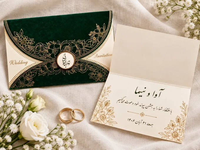 کارت عروسی مخمل سبز مدل ۱۲۹۰ باز روی پارچه روشن کنار گل و دو حلقه